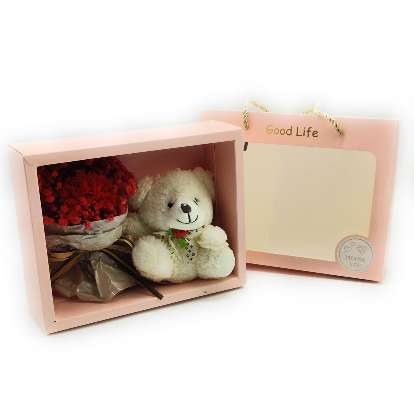 Gift box of everlasting mini flower bouquet and teddy bear