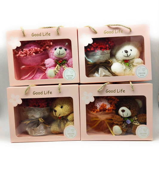 Gift box of everlasting mini flower bouquet and teddy bear