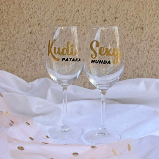 Customised Pataka Kudi & Sexy Munda Wine Glass